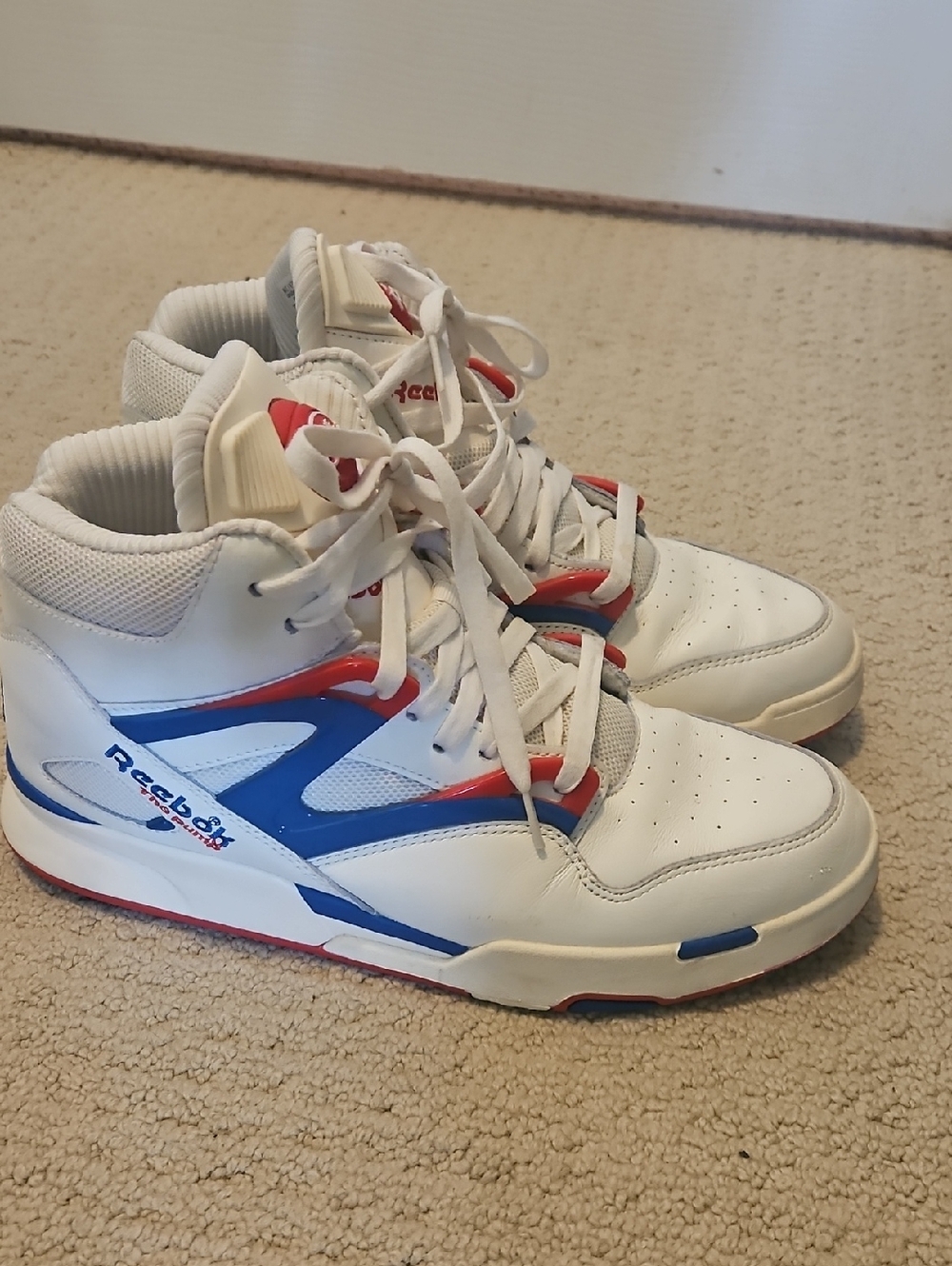 Vintage Reebok Pump 2 White Sneakers with Blue and Red Accents - High Top - 11